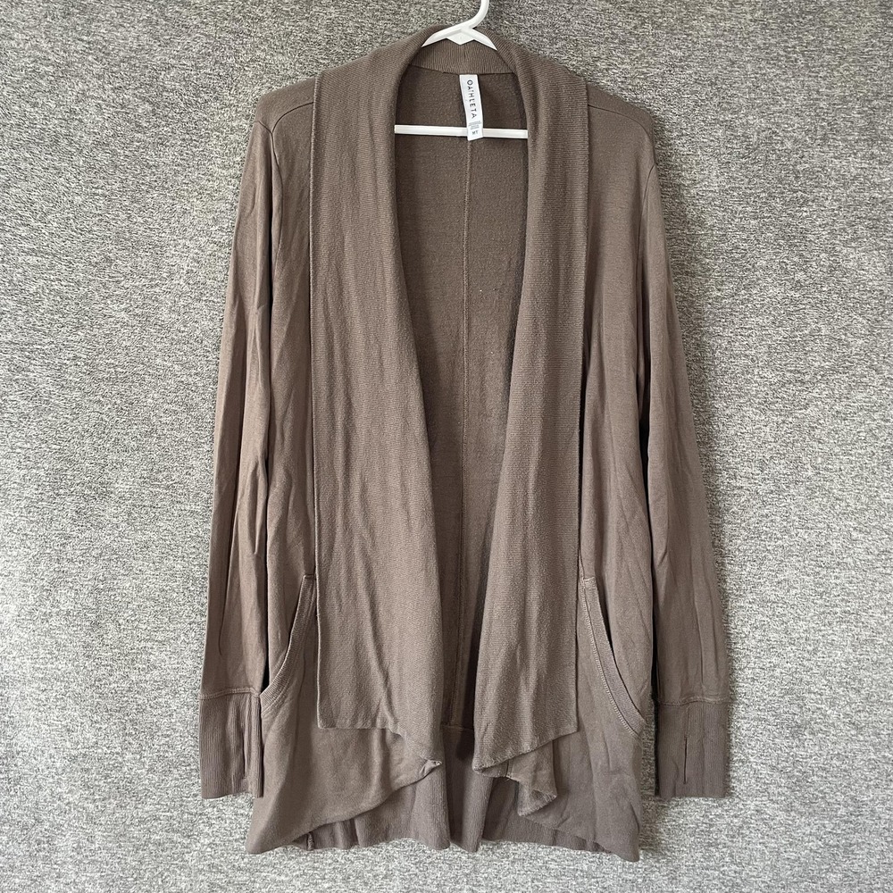 Athleta Cardigan Sweater Womens MT Brown Open Front Pockets Lightweight Knit